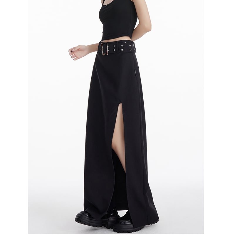 [EDX Series]★Skirt with belt★ 2color bottoms long skirt black gray high-looking slit fashionable