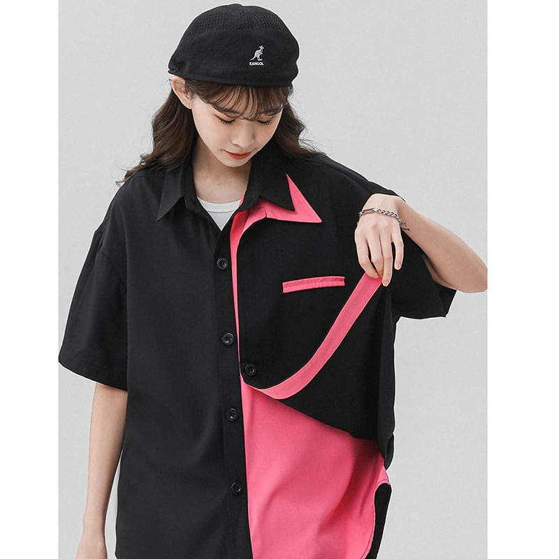 [Fujiiman Series]★Shirt★ Tops Unisex Men's Large Size Short Sleeve Shirt Faux Layered Double Collar