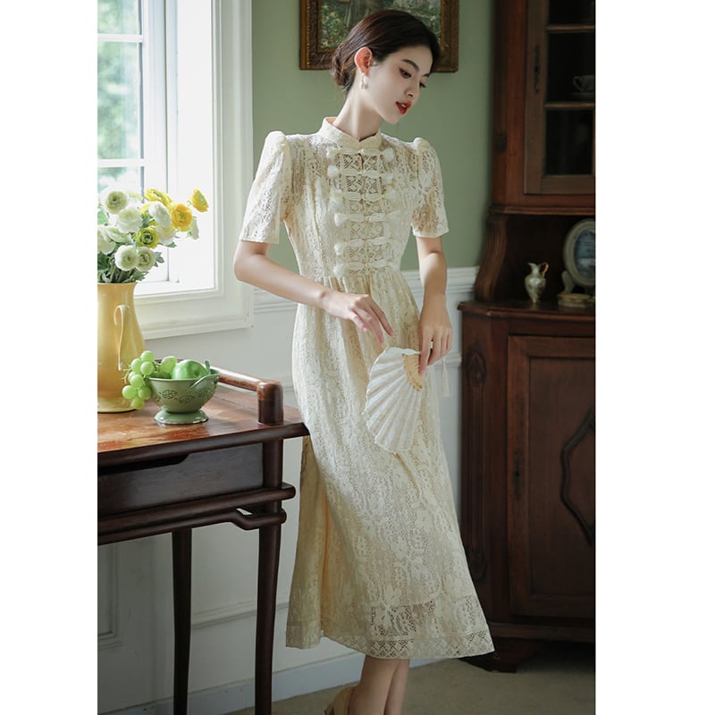 [BAIRIMENG Series]★China style dress★ Lace dress Improved Chinese dress Summer clothes Beige