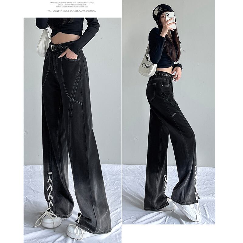 [YOUYAGE Series] ★Denim Pants★ Bottoms Trousers Casual Gradient Ladies Black Black