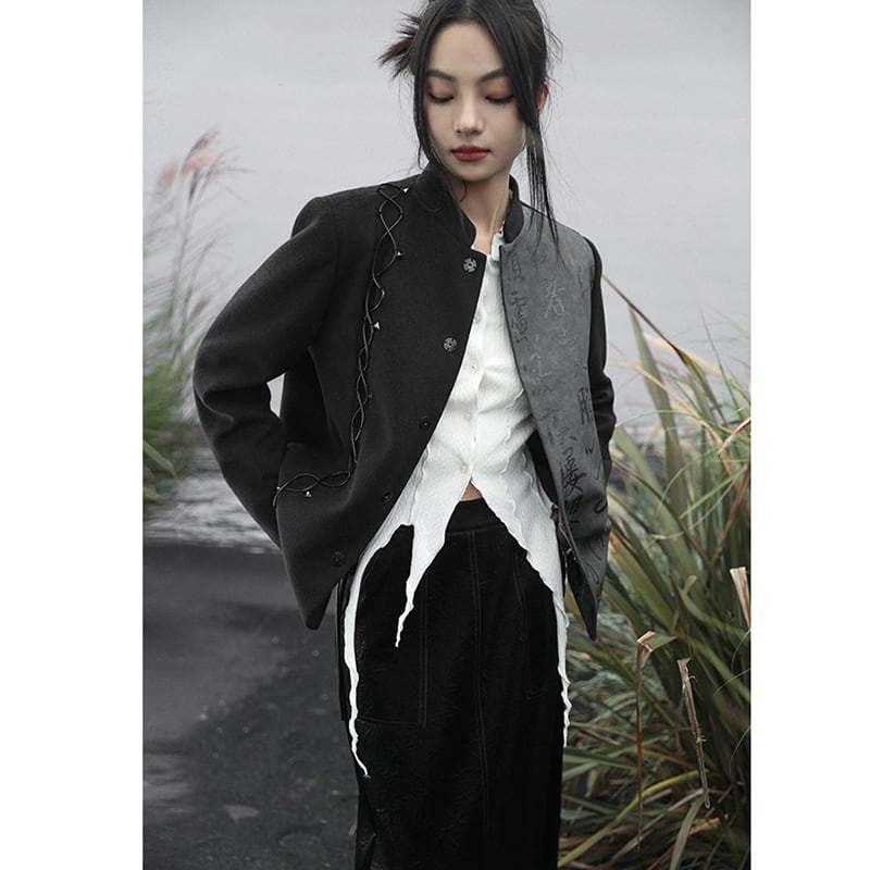 [Daiseiryusu Series] ★China style outerwear★ Rasha Letter pattern Kanji pattern Chinese clothing Color scheme Black Gray Jacket