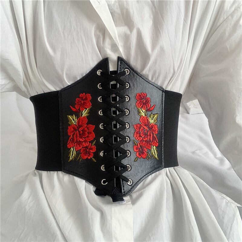 [Yuwei Series]★Belt★ Elastic Embroidered Rose Accessory Small Item Black Black Easy to match