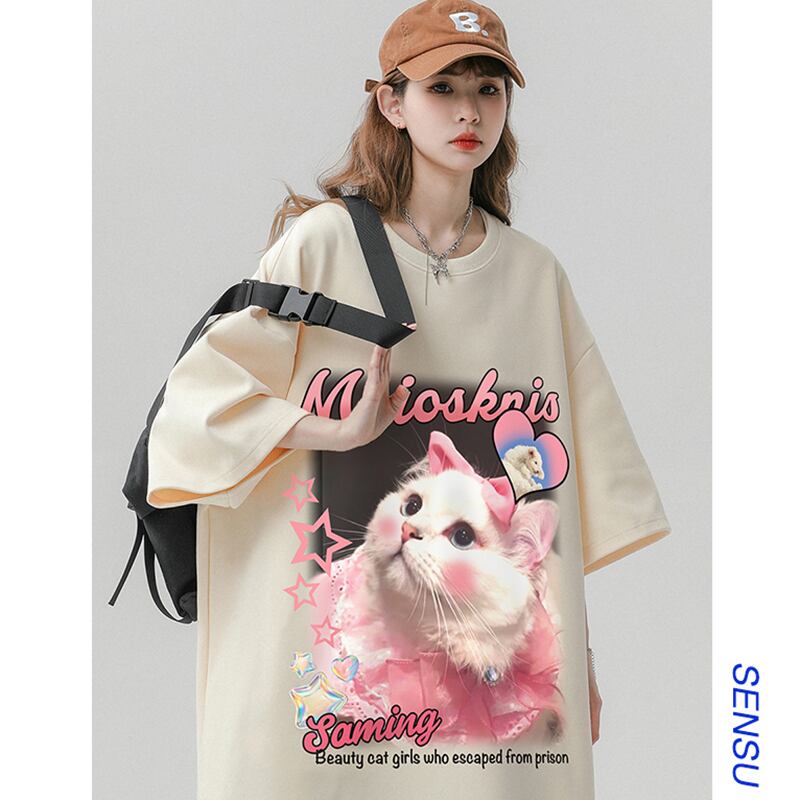 【SENSUシリーズ】★Tシャツ★ 3color トップス 男女兼用 メンズ 夏服 半袖Tシャツ 猫 ベージュ ホワイト ブラック