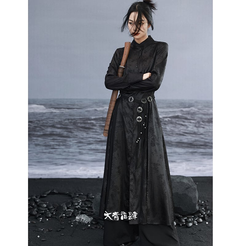 [Big Blue Dragon Series]★China style shirt★Long length shirt slit original black black slimming fashionable