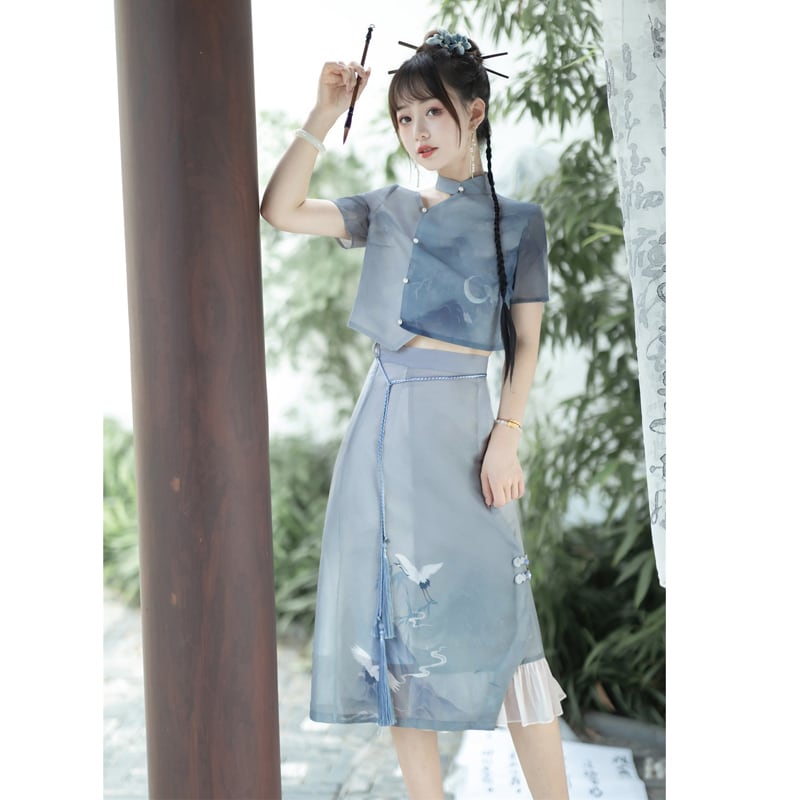 [Dust Smoke Cloud Dream---White Crane Visit Series] ★Chinese style skirt★ Chinese clothes, improved Han clothes, Han clothes skirt, crane, ink pattern