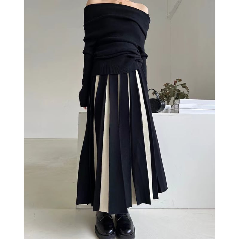 [Black and white series] ★Knit skirt★ 2color thick bottoms Color scheme Slimming Easy to match Black Green