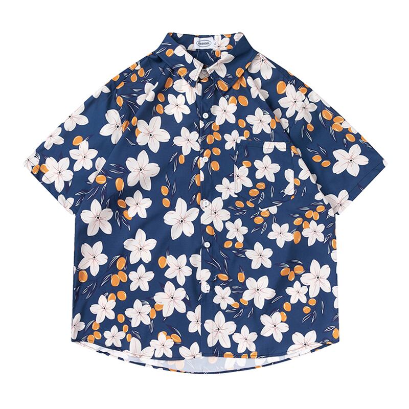 [TRAVEL ISSUANCE Series] ★Retro Shirt★ Floral Shirt 2color Blue or Black Print Unisex Men's Beach Travel Photography