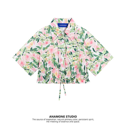 [ANAMONE STUDIO Series]★Shirt★ Tops Floral Print Retro SML Green Short Length