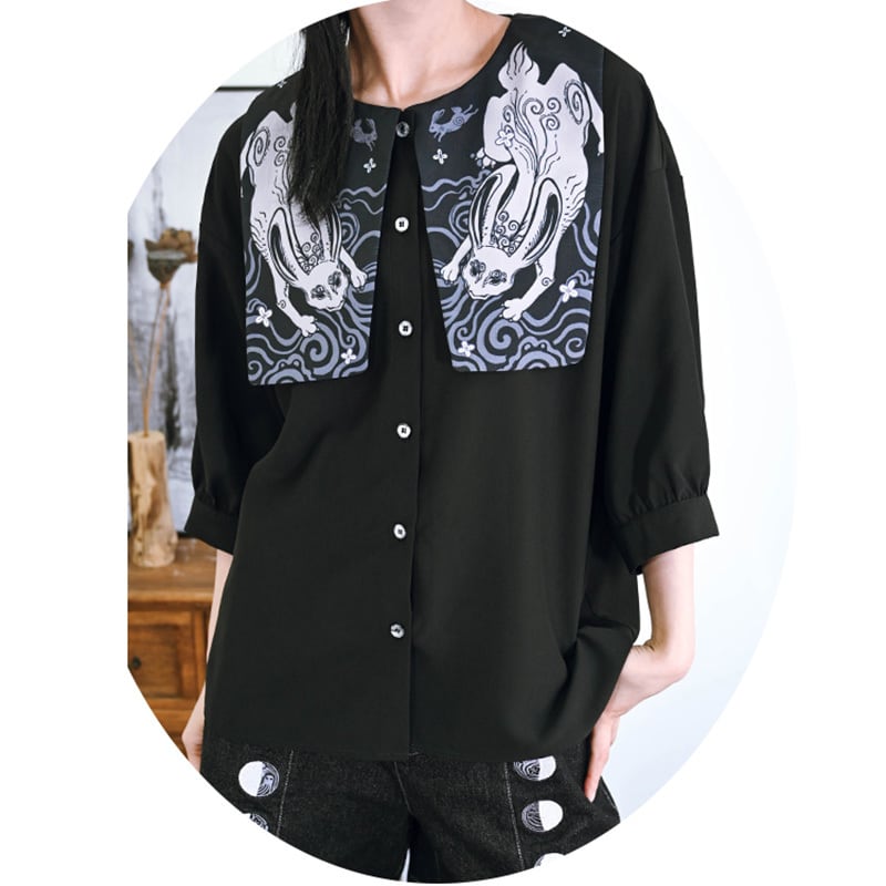 [Old Monster --- Rabbit Series] ★China style shirt★ 2color tops 3/4 sleeve tops black purple