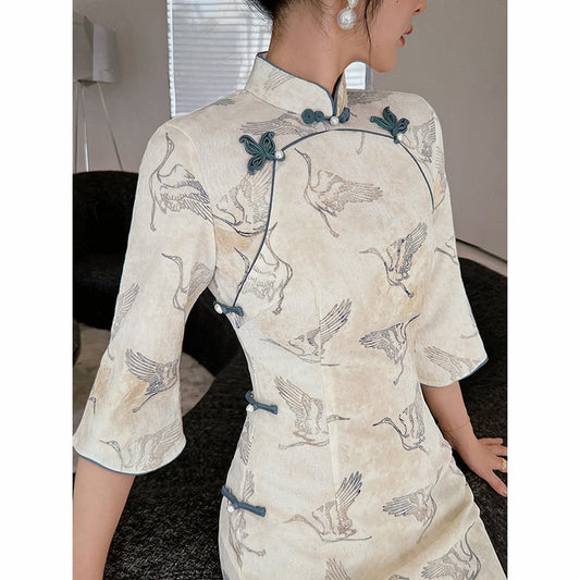 [Customize --- Kiyosagi Series] ★Cheongsam dress★ Chinese-style dress, improves temperament, Chinese clothes, crane pattern, crane, long length