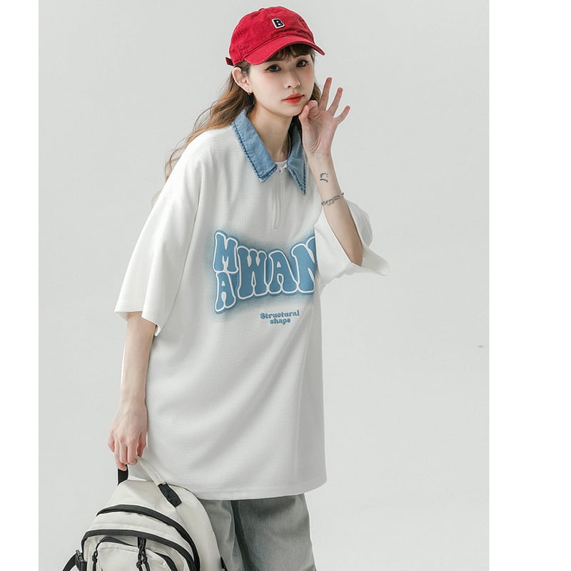 【藤伊曼シリーズ】★Tシャツ★ トップス 3color 男女兼用 メンズ POLOネック アルファベット 夏服