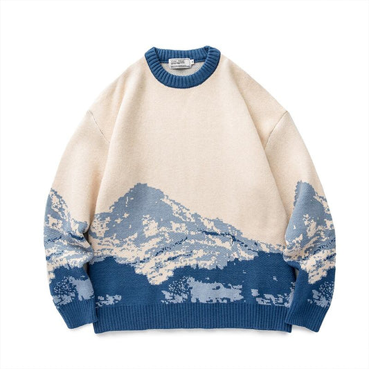 [Minato Kaze Otoko Series]★Sweater★ Tops 2color Blue or Brown Snowy Mountain Unisex Couple Clothes Easy to Match