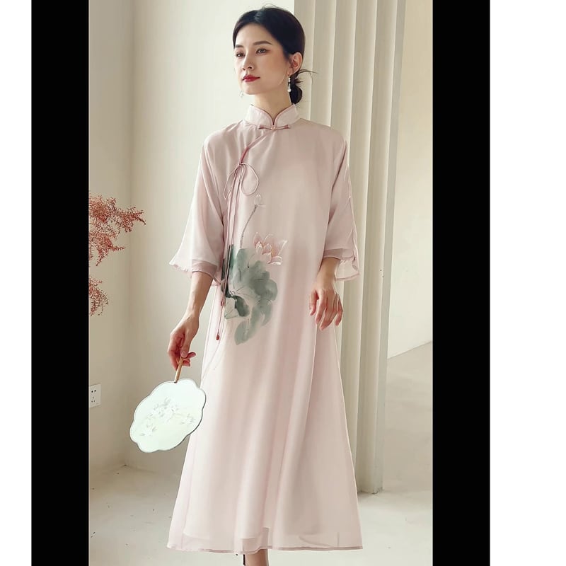 [Shimu Series] ★Chinese style dress★ Elegant Chinese clothes Tang suit Retro print Summer clothes Lotus Pink