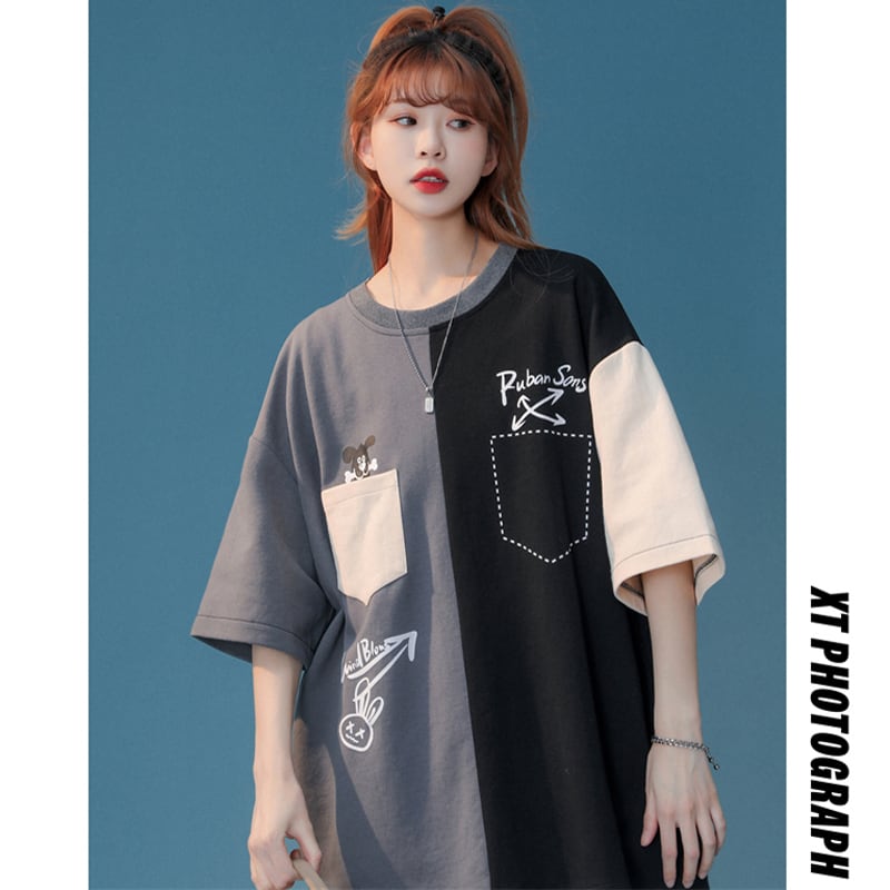 【藤伊曼シリーズ】★Tシャツ★ 2color トップス 半袖Tシャツ 男女兼用 メンズ 配色 可愛い 夏服 M L XL 2XL