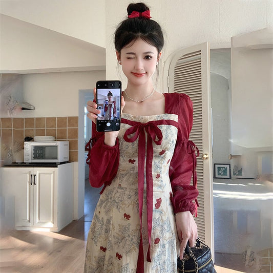 [JIGUJIGU series] ★China style dress★ Switching ribbon, large size, improves temperament, commuting, date, red, red, floral pattern