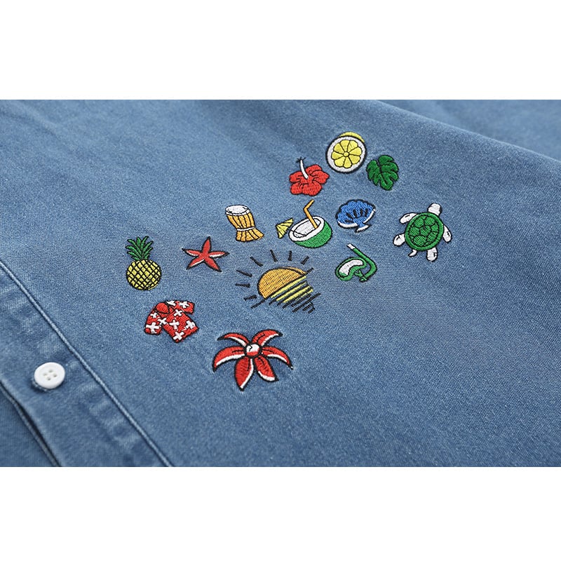 [PUDUN Series]★Denim shirt★ Tops, short sleeve shirt, unisex, men's, unique, embroidery, summer clothes, blue, blue