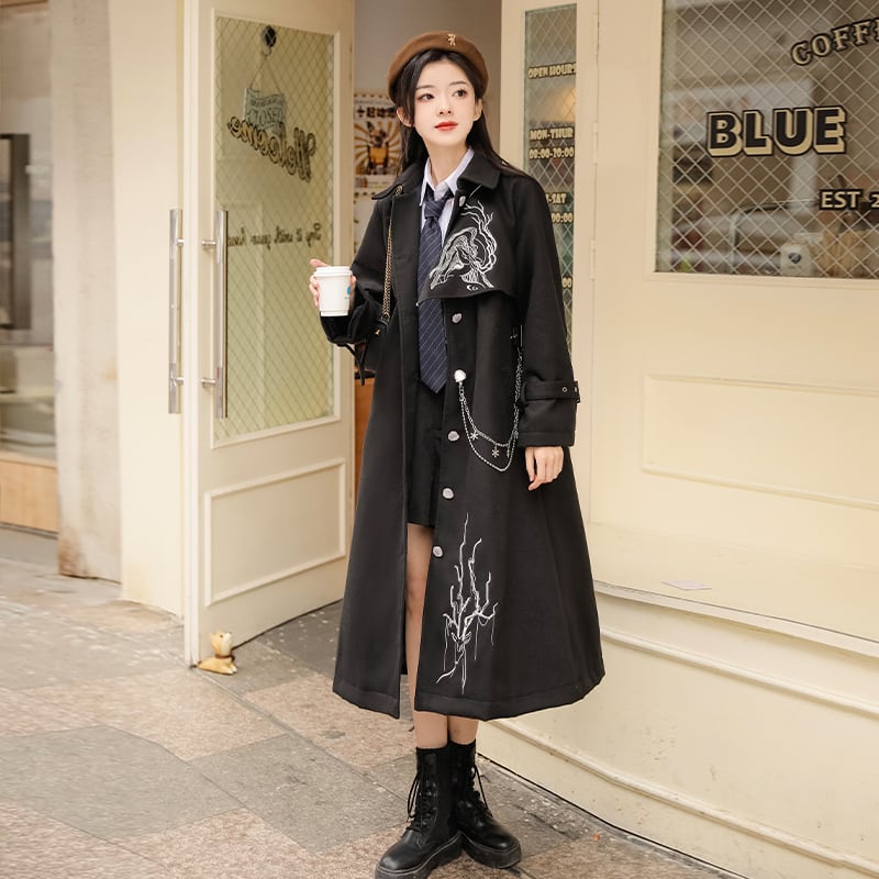 [Hanru First---Beisheng Series] ★China style coat★ Long outerwear with chain embroidery Black Black SML