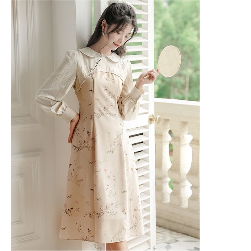 [Encounter series] ★China style dress★ Improved cheongsam dress, floral pattern, date, ethnic style, improves temperament SML