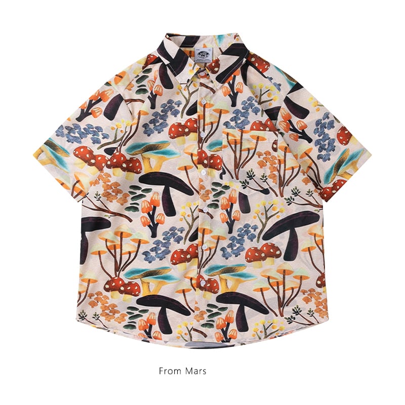 [From Mars Series]★Retro Shirt★ Unisex Mushroom Pattern Men's Short Sleeve Tops Beach Photography Summer ML XL 2XL