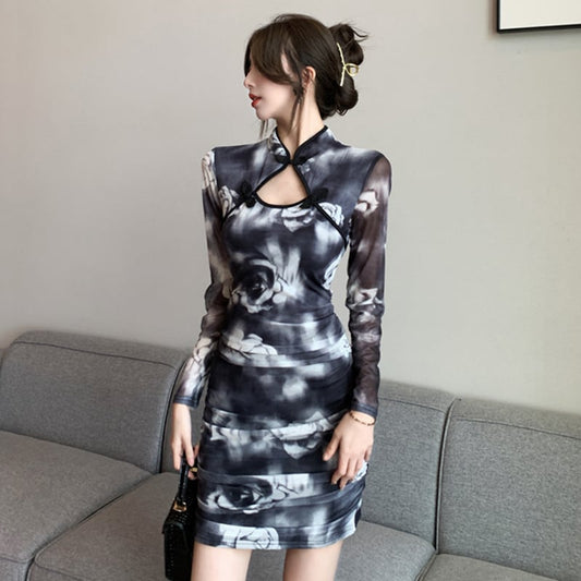 [Eighteen Impressions Series]★Cheongsam dress★ Slimming sexy SML short length retro ink pattern dress