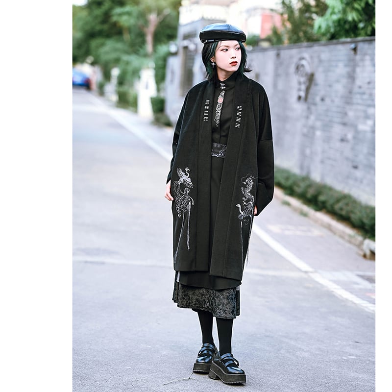 [Kokaisha---Hoshiyado Series] ★China style coat★ Rasha coat long coat embroidery original black black