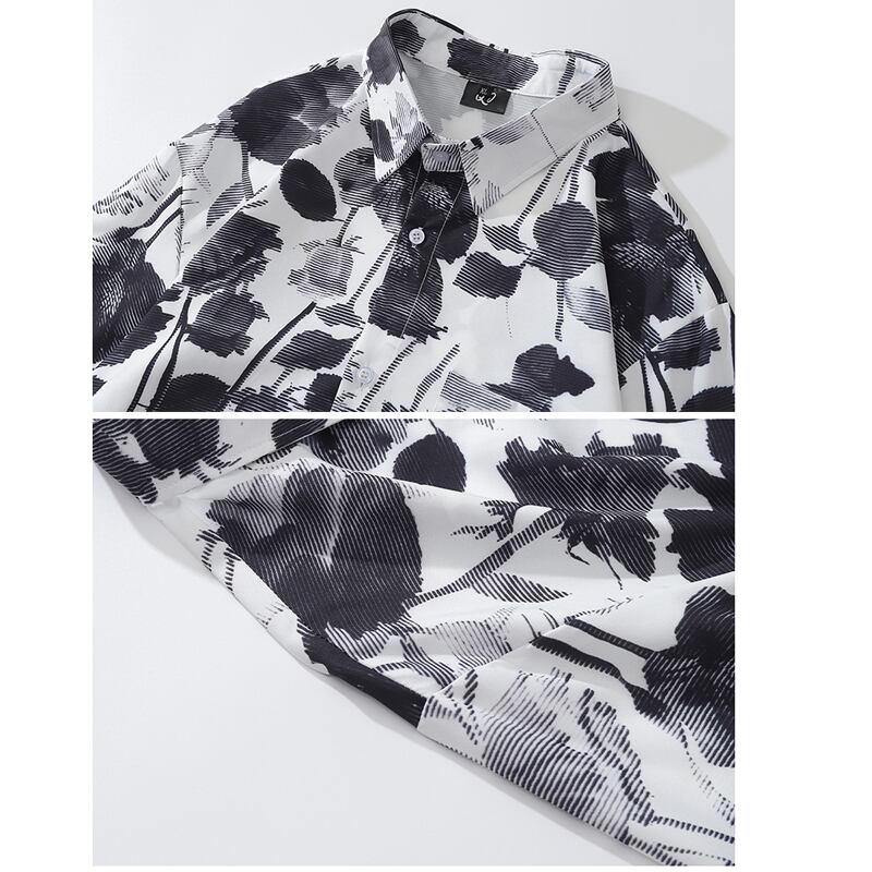 [TRAVEL ISSUANCE Series]★Ink-style shirt★ Long sleeve shirt tops Floral pattern black white print ML XL 2XL Unisex Men's