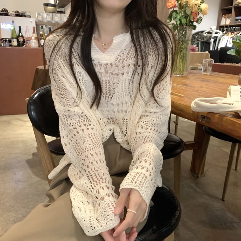 [Saikusou Series] ★Sweater★ 3color Knit Tops Openwork Mini Length Loose V Neck Beige Simple