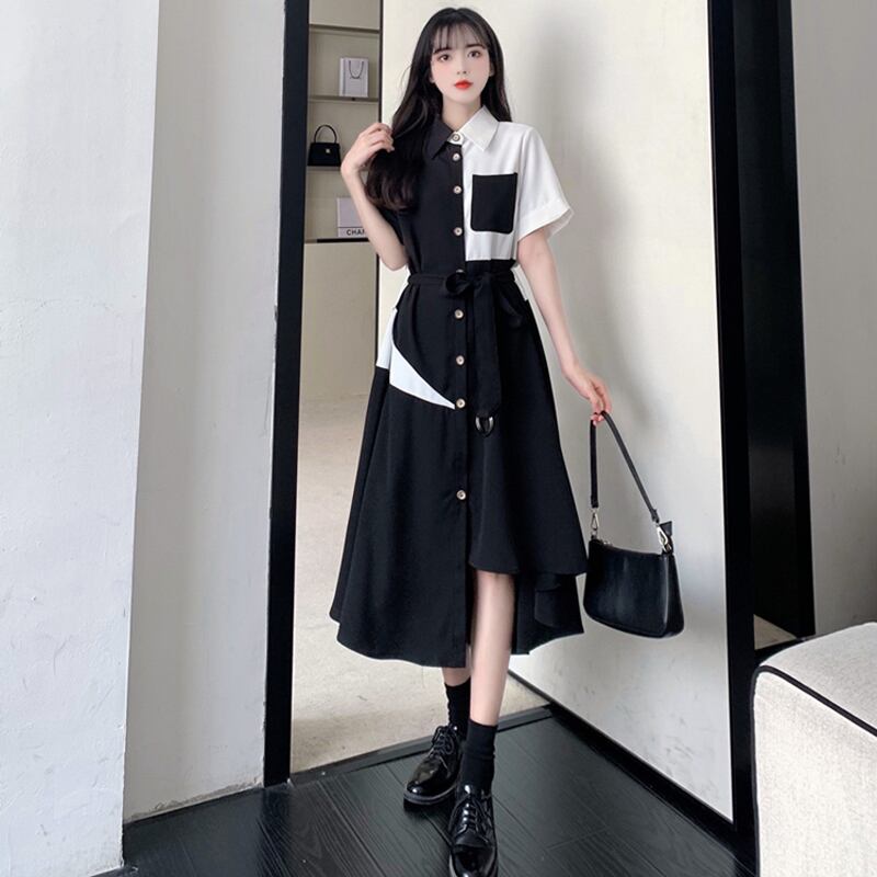 [PANGSAO series]★Shirt dress★ Long length irregular color scheme commuting date office lady large size black black