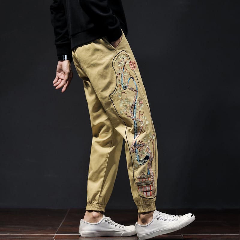 [Small Trouble Series] ★China style pants★ 3 colors Black or green or light brown Embroidery Floral pattern Unisex Large size