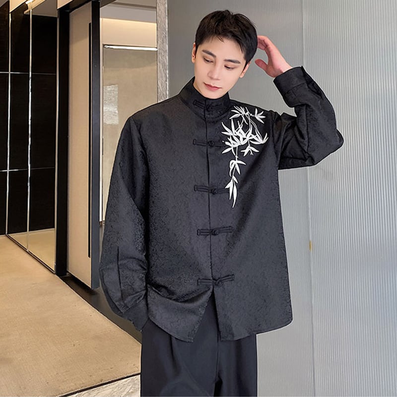 [Illustrated Series]★China Style Shirt★ Embroidery Bamboo Bamboo Embroidery Tops Long Sleeve Shirt Unisex Men's Black Black