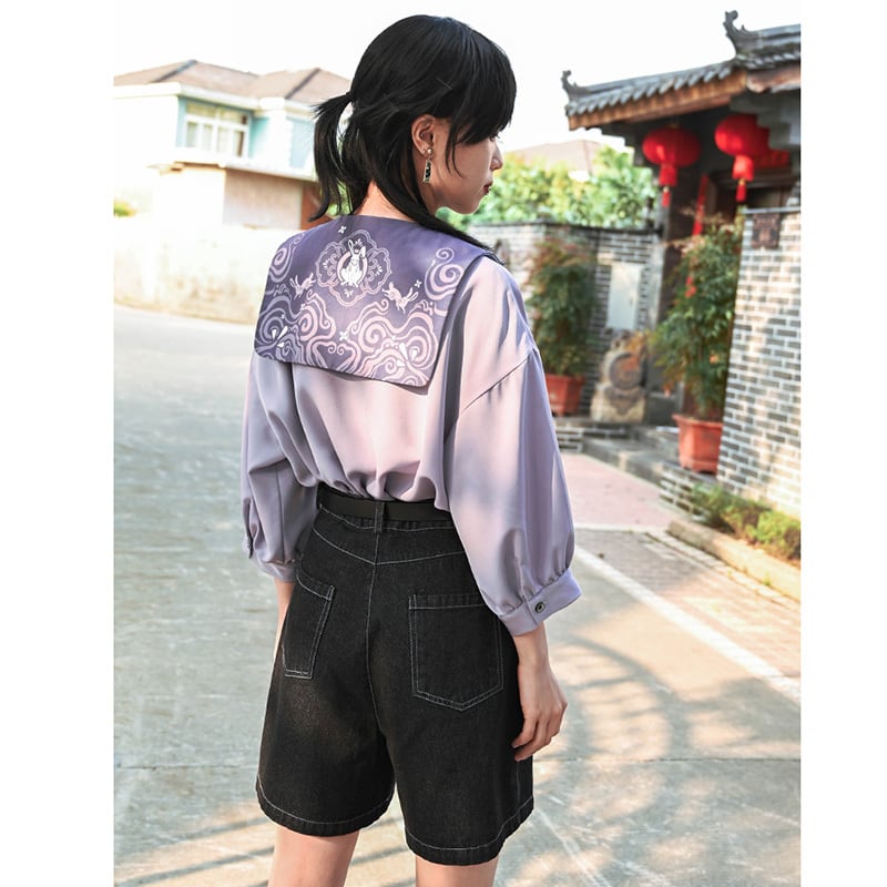 [Old Monster --- Rabbit Series] ★China style shirt★ 2color tops 3/4 sleeve tops black purple