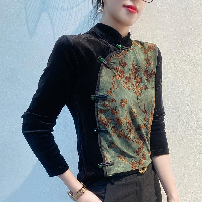 [XUAN series]★China style shirt★ 2color Chinese style tops velvet floral pattern switching large size