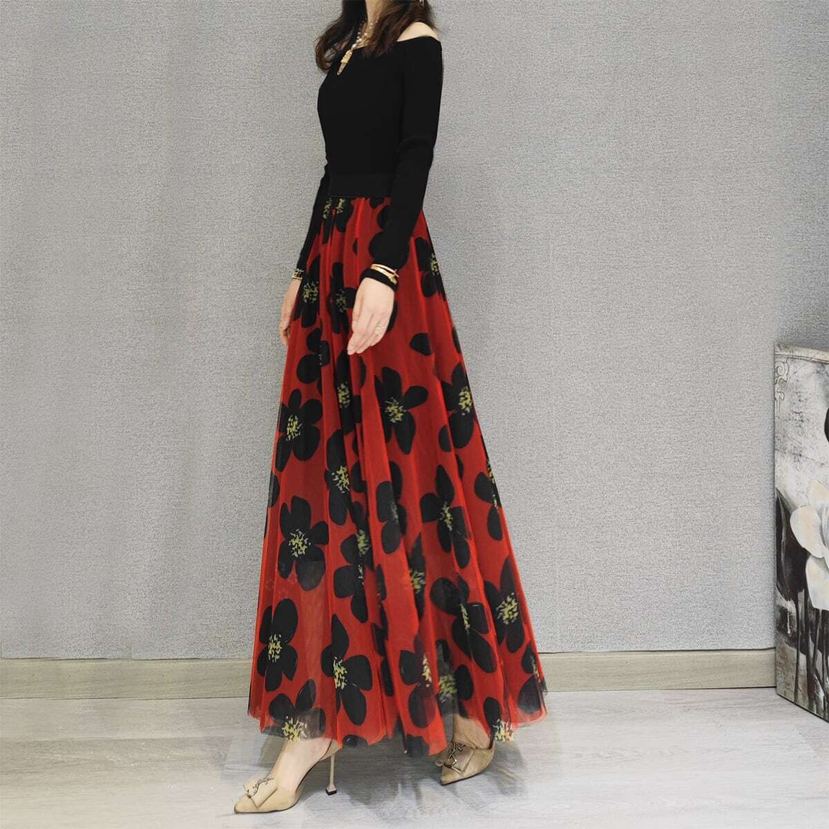 [NICHANG series] ★Floral pattern skirt★ 3 types of lengths available Large size Red Red