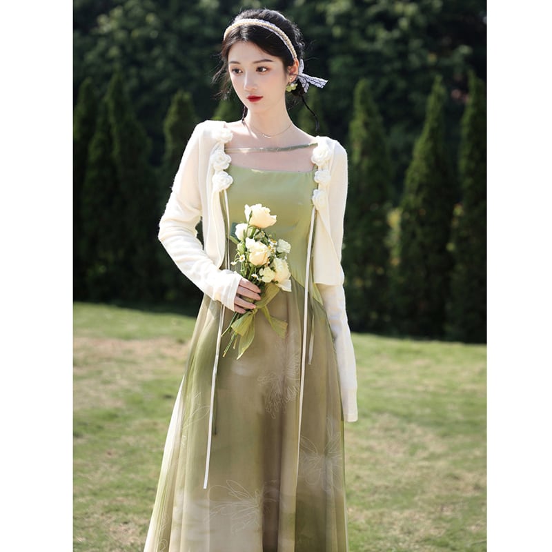 [Az Suna Series]★Setup★ Thin outerwear + hanging dress, Republic style, Green, Improves temperament, Wedding