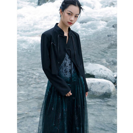 [Da Qinglong Shu Series] ★China style outerwear★ Blazer, mini length, Chinese buttons, Chinese clothes, black, slimming