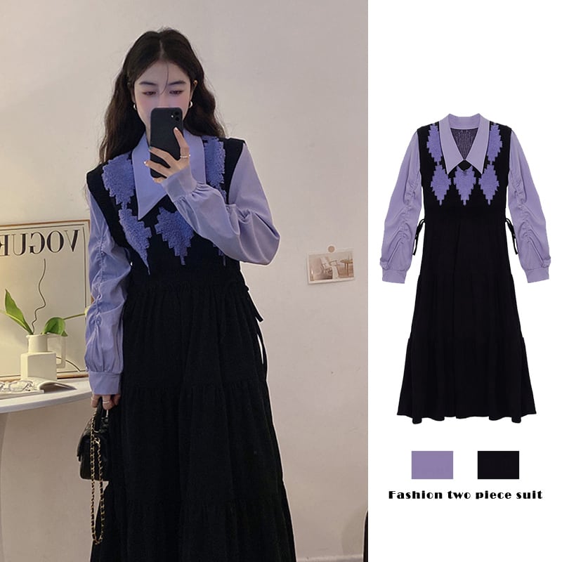 [JIGUJIGU Series] ★One Piece★ Switching Ladies Temperament Enhancement Fake Layered Fashion Black Purple