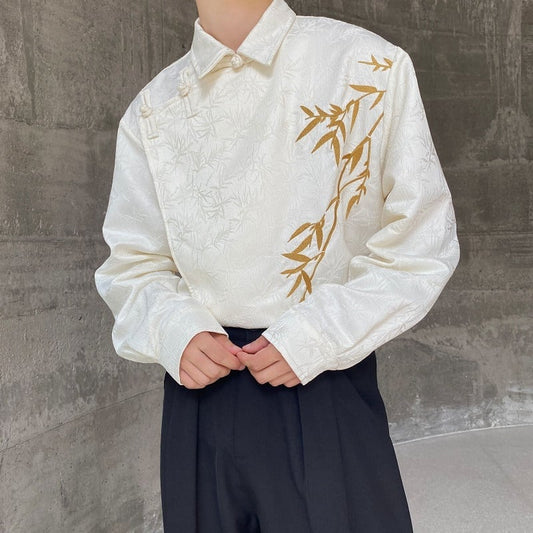 [Illustrated series] ★China style shirt★ 2color tops embroidery bamboo unisex men's black apricot