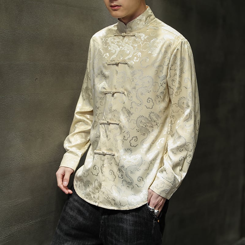 [BITIWO Series]★China style shirt★ Men's 6color tops Dragon crest large size black white blue silver yellow red thin