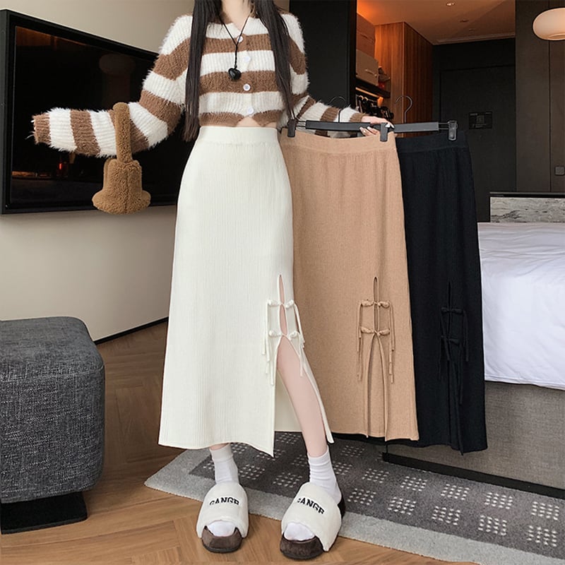 [CHAOSHAN series] ★Knit skirt★ 3color bottoms slit slimming easy to match black beige brown