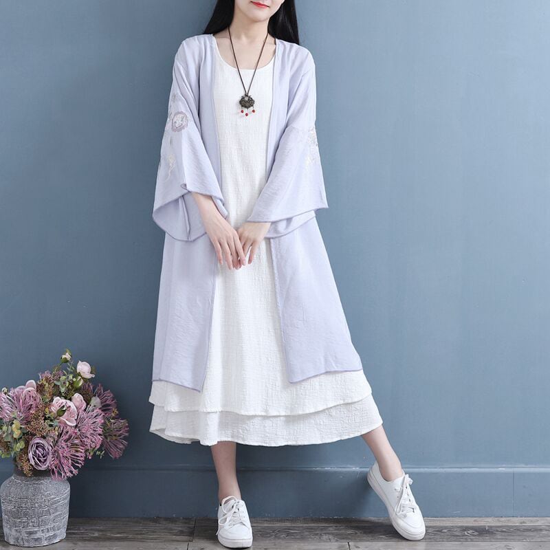 [Qing Series]★China style coat★ 4 colors chiffon long length thin speaker sleeve beige blue green purple white