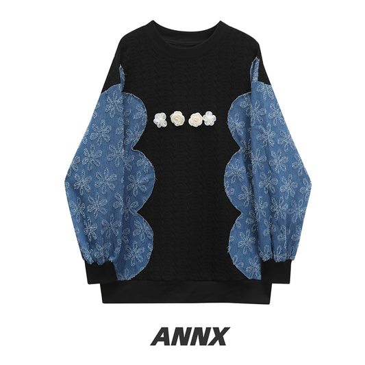 [ANNXstudio series] ★Tops★ Switching long sleeve tops 3D flowers Black Blue Black Blue Unique