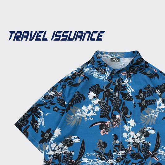 [TRAVEL ISSUANCE Series] ★Short Sleeve Shirt★ Hawaii Aloha Shirt Print Unisex Men's Blue Cool