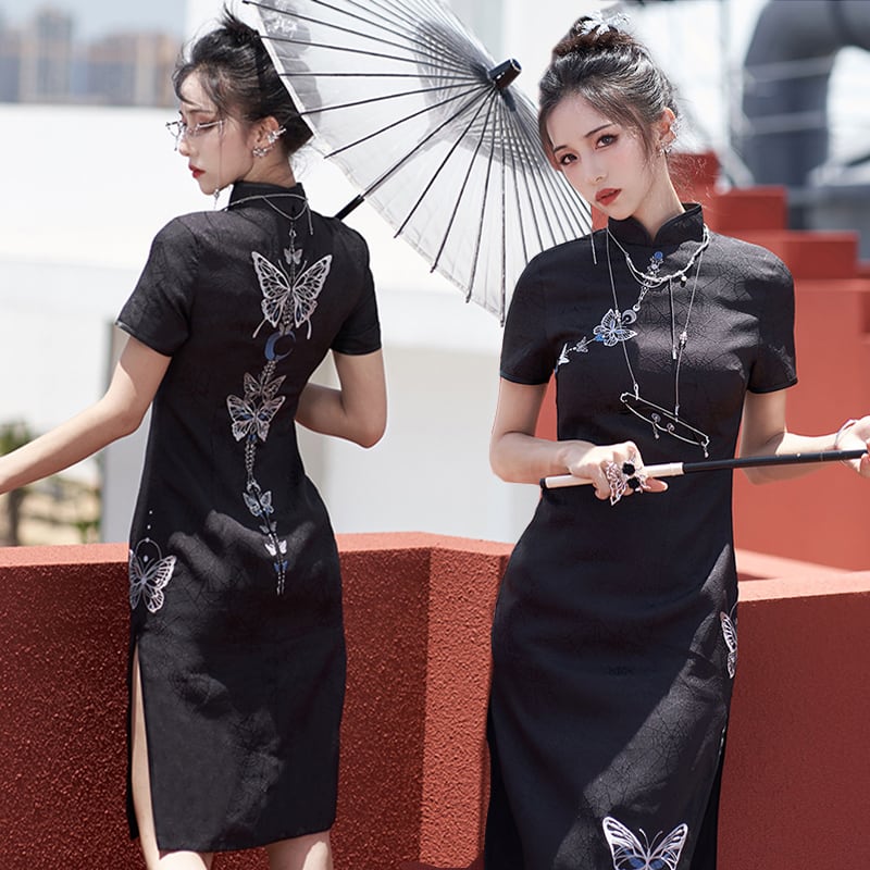 [Qingtang --- Skeleton Butterfly Series] ★Cheongsam dress★ Chinese style dress embroidery short sleeve slimming Chinese clothes butterfly