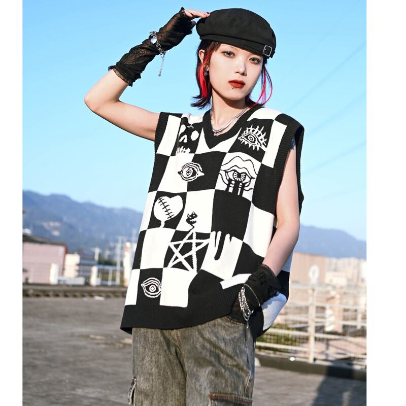 [Old Monster --- Abnormalism Series] ★Vest★ Tops V-neck Color scheme Black and white Original Retro Easy to match