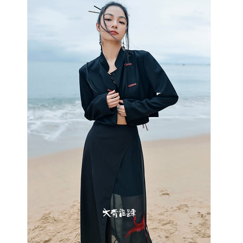 [Daiseiryusu Series] ★China style outerwear★ Tops embroidery black black unique color scheme slimming original