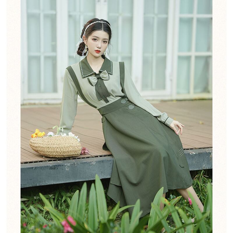 [Jonan Series]★Setup Single item order★ Shirt or hanging skirt Green Green Retro Cute Improves temperament