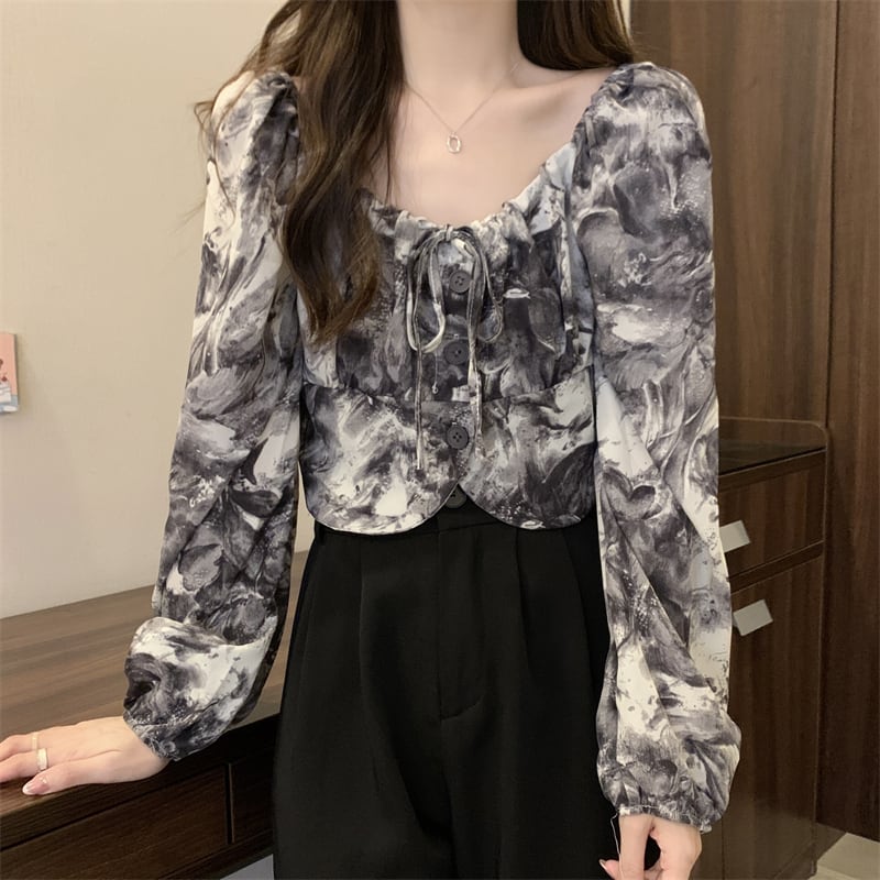 [SANMUZI Series] ★Tops★ 3 Colors Floral Tops Blouse Mini Length Cute Spring Clothes Unique Black Gray Blue