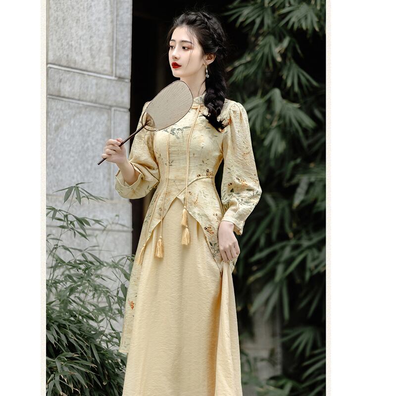 [Az Suna Series] ★Chinese style dress★ Chinese dress print switching SML XL Retro SML XL