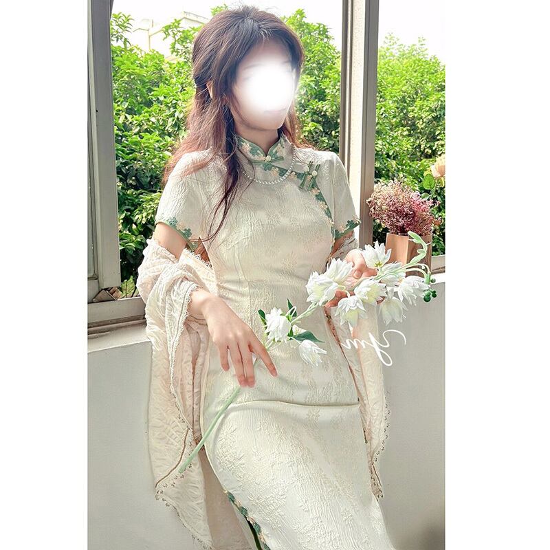 [ZHUDIMEI Series] ★China-style dress★ Improved cheongsam dress, elegant, short sleeves, floral pattern, beige, slimming