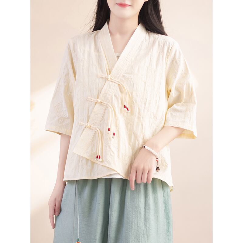 [Qing series] ★China style tops★ Shirt 3color cotton linen V neck literary style blue green beige